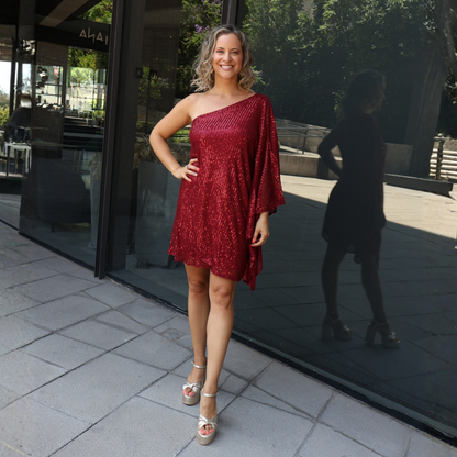 VESTIDO CORTO BRILLOS BURDEO