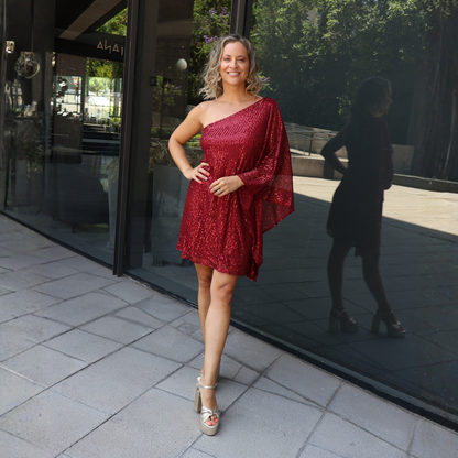 VESTIDO CORTO BRILLOS BURDEO
